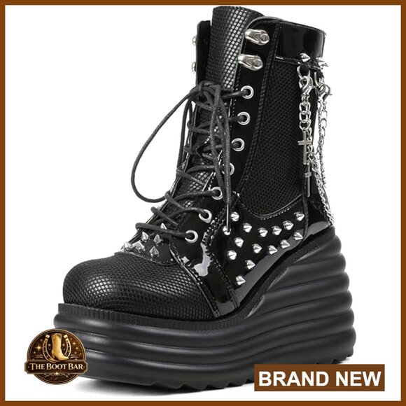 Shoes - Platform Combat Boots with Chains & Studs, Lace Up & Zip Closure